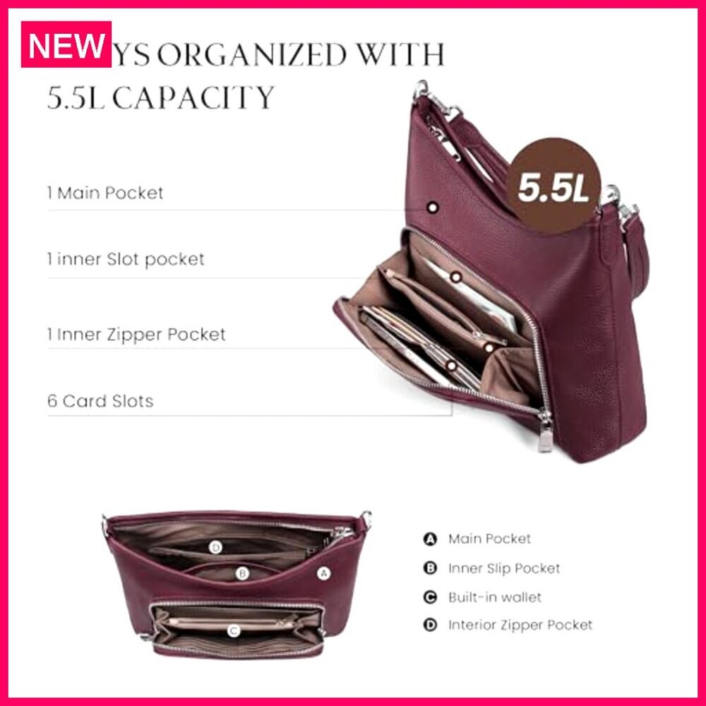 Genuine Leather Hobo Bag with RFID Wallet, Anti-Theft, Convertible Crossbody - Picture 5 of 8